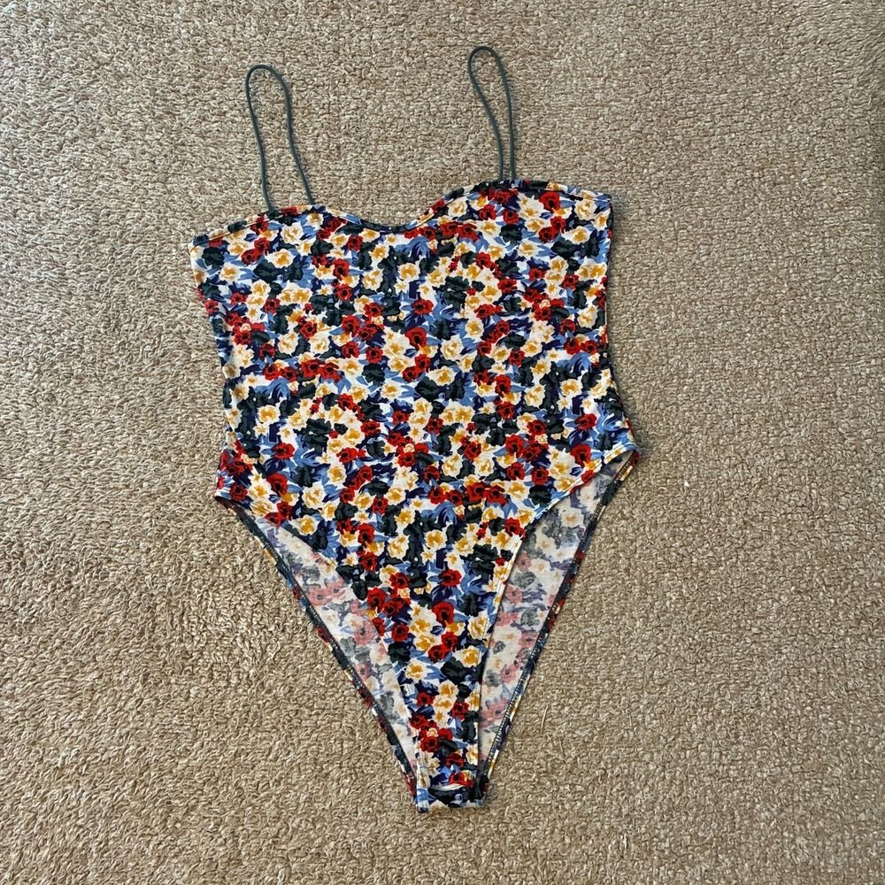 SHEIN Navy Blue all over Print Floral Bodysuit Green Straps Women's XL